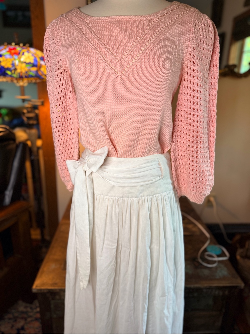 VINTAGE-Pink Cotton Pointelle  Sweater w/Cotton Crinkle Wrap Skirt w/Wide Sash
